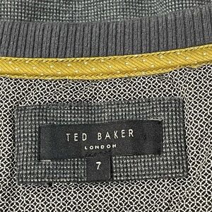 Ted Baker blue sweater with black, olive and cream color stripe accents